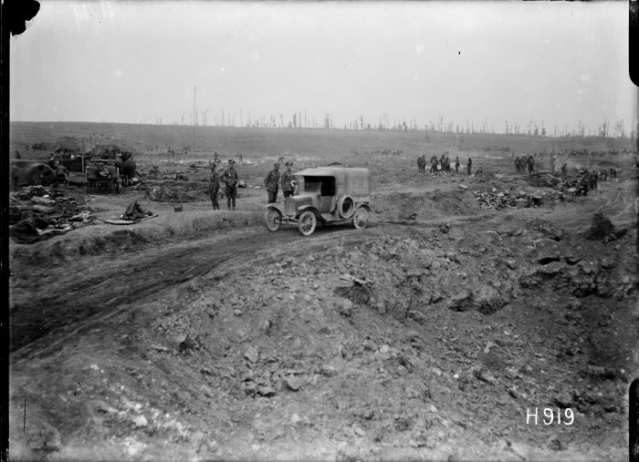WW1 huge shell hole in captured ground, Grevillers, World War I 24 Aug 1918
