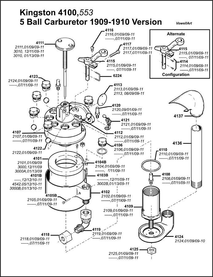 Kingston 4100, 553 5 Ball Carburetor 1909-1910 Assembly