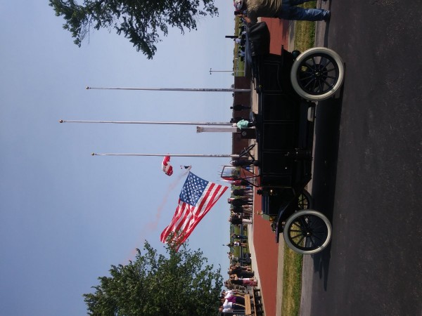 Old Glory flying in for the flag raising ceremony