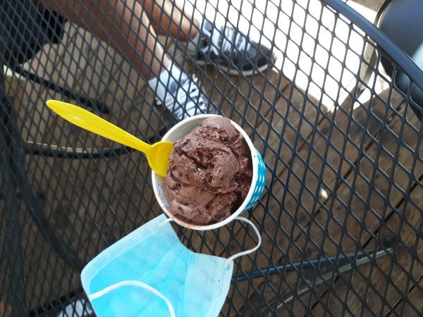 Of course the ice cream! Had to take the mask off of course!!