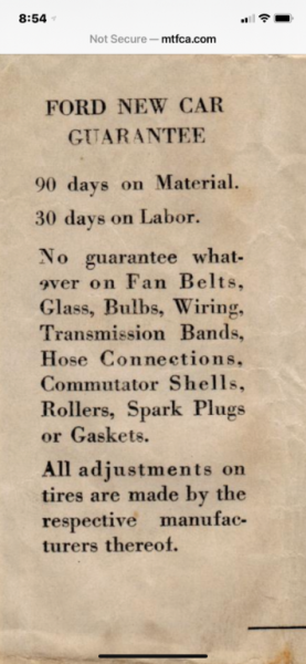 Model T warranty in 1920